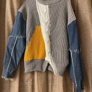 Colorblock Sweater with Denim Sleeves